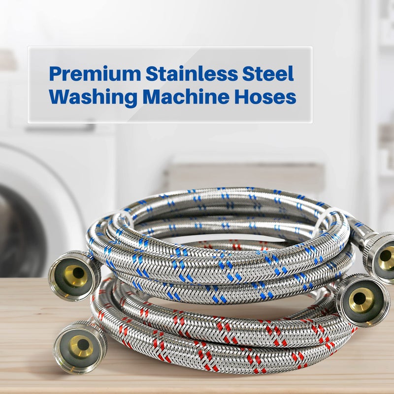 K&J Premium 6ft Washing Machine Hoses Burst Proof 2 Pack - Hot and Cold Water Supply Hoses for Washing Machines (Stainless Steel) - Image 2